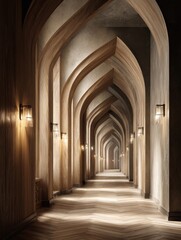 Obraz premium This long hotel corridor features geometric archways and warm lighting, creating a luxurious atmosphere in a hospitality setting.
