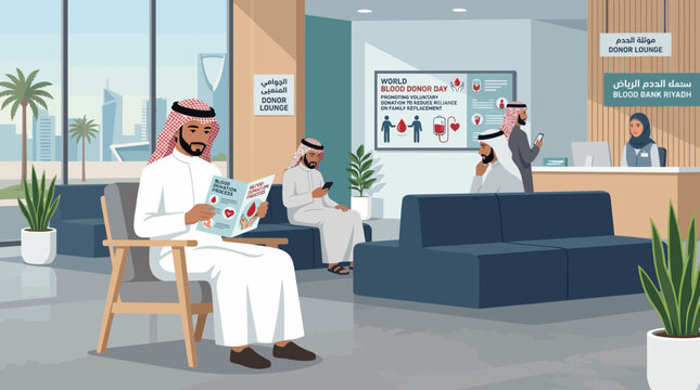 Saudi Men in Modern Riyadh Blood Bank Donor Lounge Illustration