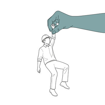 Giant hand lifting a tiny outlined person, symbolizing control, manipulation, or fate, against a plain background