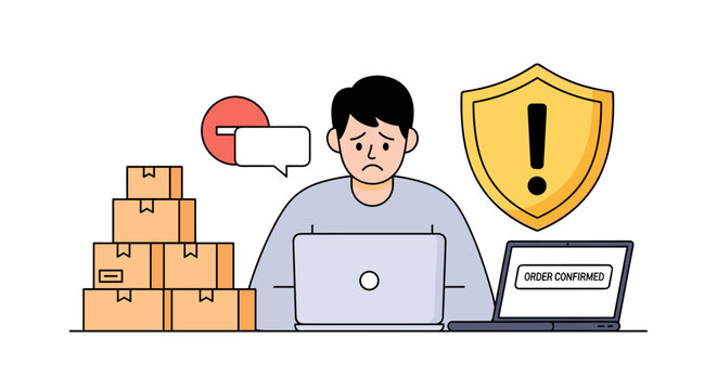 Worried man with laptop and stack of boxes, alert shield icon, and chat bubble indicating stress and potential shipping or delivery issues, concept