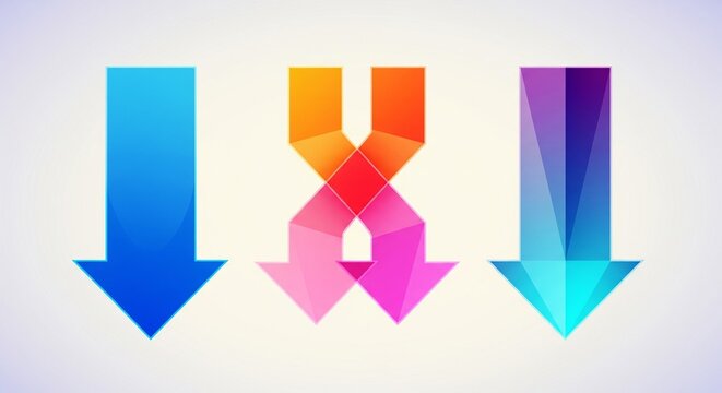 Three flat design arrows pointing downwards in shades of blue, orange, and purple.