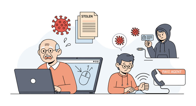 cybersecurity threats targeting elderly people, hacker stealing data, online scam awareness, digital fraud protection, computer virus malware risks