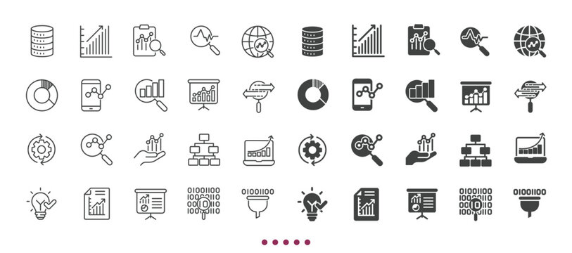 Data analyst icons collection. Multi series icons. Line and glyph solid web icons collection