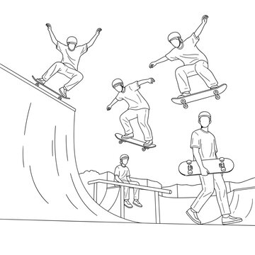 Collection of dotted line vector illustrations of skateboarders performing extreme stunts on ramps and halfpipes, dynamic action poses, sport