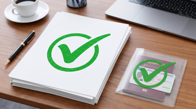 Approved documents with checkmark icon representing completed paperwork and verification documents checkmark approval
