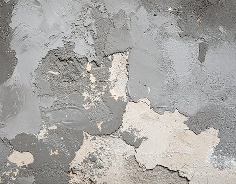 Close-up of a textured surface featuring layered concrete, with gray and white patches of peeling paint