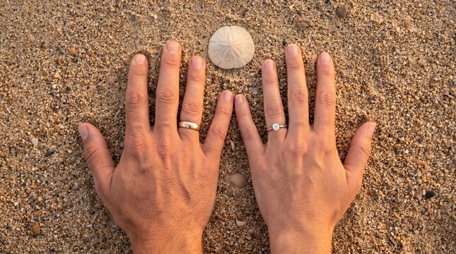 Couple Hands with Wedding Rings on Sandy Beach with Sand Dollar Shell