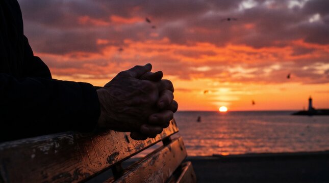 Senior Man Clasped Hands on Bench Watching Dramatic Sunset Over Sea