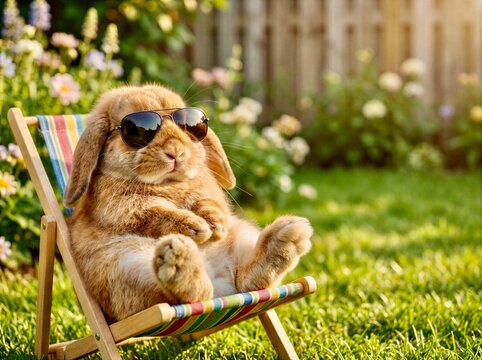 Rabbit relaxes in garden while wearing sunglasses and sitting in a deck chair during sunny day