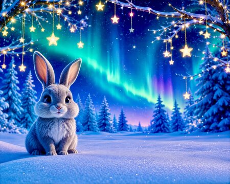 Rabbit sits in snow under northern lights and stars in a winter scene during the night in a snowy forest