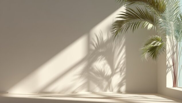 Sunlight beam striking a white wall with palm leaf shadows next to a bright window and tropical plant sunlight tropical interior contrast minimalist botanical houseplant backdrop