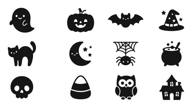 Black Halloween icons on white background.