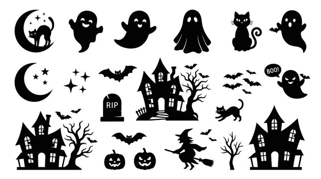 Black Halloween icons on white background.