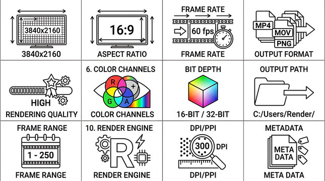 Icons depicting video rendering settings