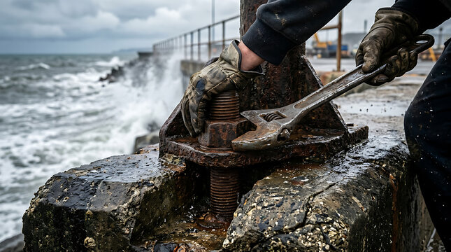 Person working on rusty bolt near ocean