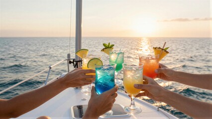 Obraz premium Friends toast colorful cocktails on a boat at sunset enjoying ocean