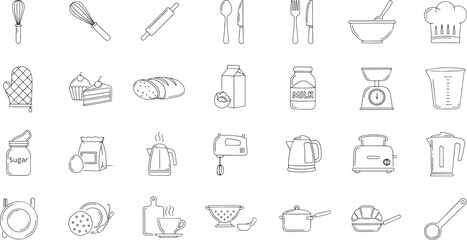 Fototapeta premium Collection of black and white line kitchen and baking utensils and food whisk rolling pin spoon knife