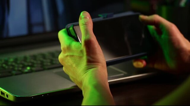 Business woman holding mobile phone in her hands sitting at work table with laptop. Online work, study, research, connection on pc. Closeup workspace in creative art green yellow dark shadow light