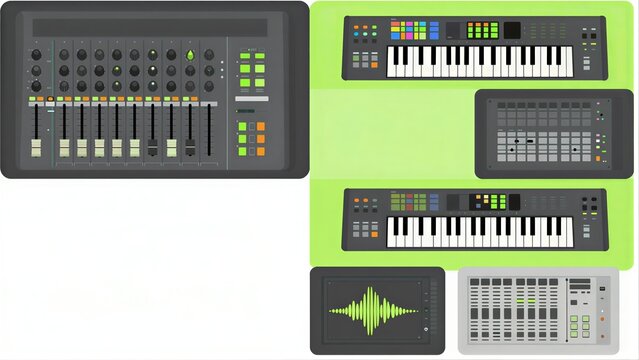 Digital audio workstation and MIDI controllers for music production.