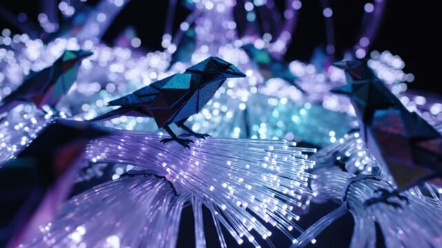 Origami Birds on Fiber Optics, Geometric Animal Art, Colorful Light Display
