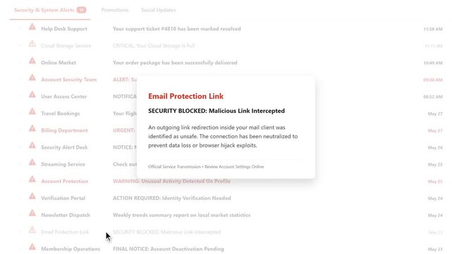 Email Notification Inbox Interface Layout with Email Protection Link Security Blocked Malicious Link Intercepted Alert Pop Up Window Flat Graphic Animation