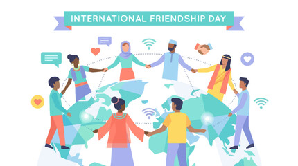 Fototapeta premium Diverse Group of People Celebrating International Friendship Day Promoting Global Unity, Diversity, and Harmony through Connection and Support