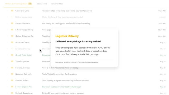 Package Delivery Confirmation Email Notification Alert Popup on Minimal Yellow Logistics Interface Layout