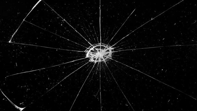 Broken cracks glass fracture effect texture abstract black background. Dynamic cracked screen overlay with sharp glass fractures in a dark background.
Dynamic explosion of a glass shattering.
