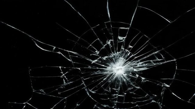 Broken cracks glass fracture effect texture abstract black background. Dynamic cracked screen overlay with sharp glass fractures in a dark background.
Dynamic explosion of a glass shattering.