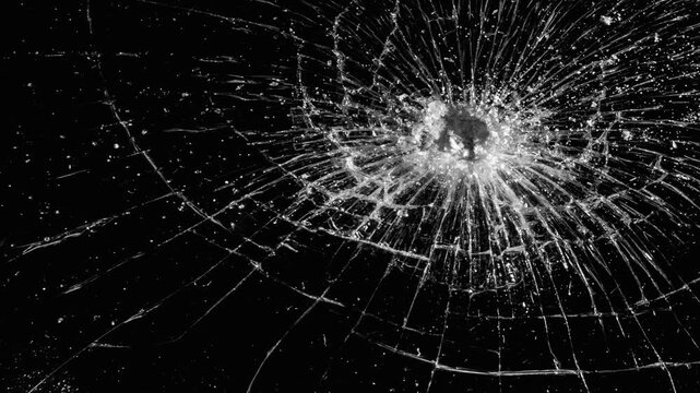 Broken cracks glass fracture effect texture abstract black background. Dynamic cracked screen overlay with sharp glass fractures in a dark background.
Dynamic explosion of a glass shattering.