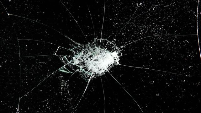 Broken cracks glass fracture effect texture abstract black background. Dynamic cracked screen overlay with sharp glass fractures in a dark background.
Dynamic explosion of a glass shattering.