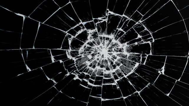 Glass Shattered and Breaks with Bullet Hit, cracks glass fracture effect, Shattered glass impact pattern animated overlay, 
Broken cracks glass fracture effect on black background,