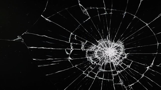 Glass Shattered and Breaks with Bullet Hit, cracks glass fracture effect, Shattered glass impact pattern animated overlay, 
Broken cracks glass fracture effect on black background,