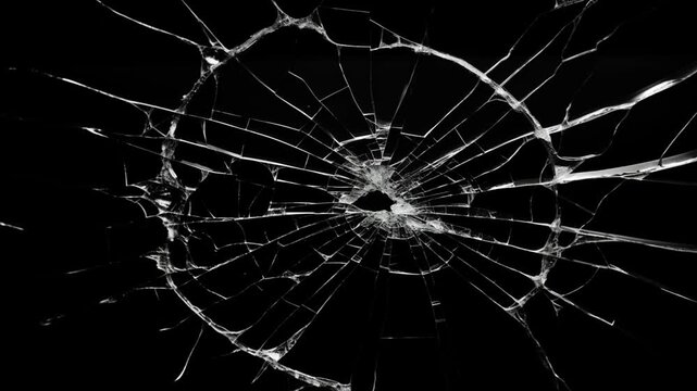 Glass Shattered and Breaks with Bullet Hit, cracks glass fracture effect, Shattered glass impact pattern animated overlay, 
Broken cracks glass fracture effect on black background,