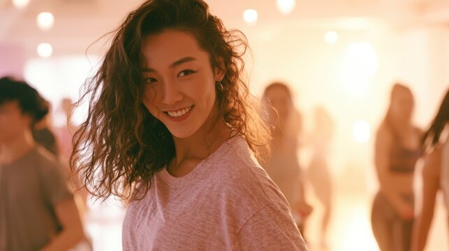A happy east asian woman in her late 20s smiling while exercising in a fitness class with others in the background