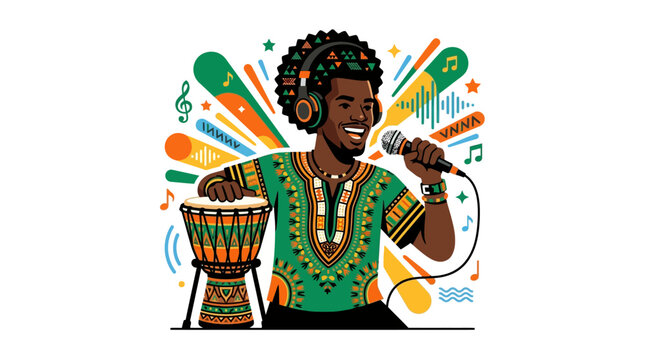 Afrobeat Musician Singing with Drum and Headphones