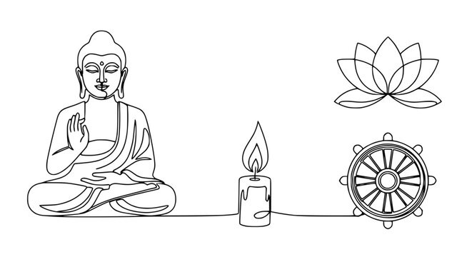 Buddha meditation, lotus, candle, dharma wheel, single line drawing, spiritual, zen, peace