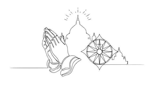 Buddhist prayer hands, Dharma wheel, and temple silhouette, single line art