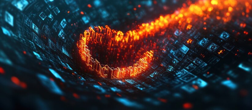 Abstract glowing digital data stream in a shape of a curved arrow, with a hot orange glow.