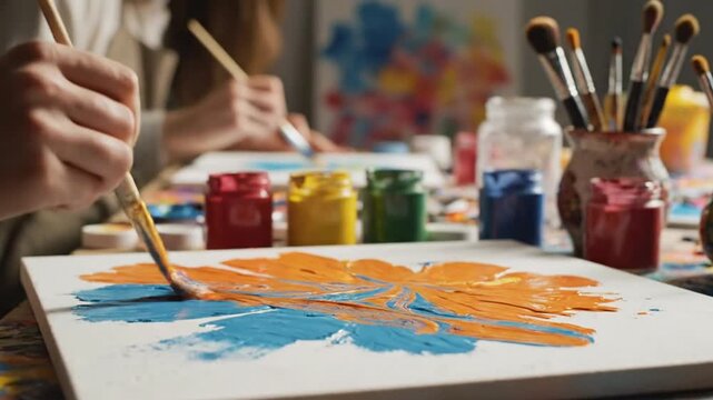 Painting orange and blue flower on canvas.