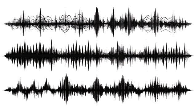 Three distinct black sound wave forms and audio visualizations on a white background, representing digital signal processing and sound analysis