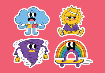 Fototapeta premium Cloud drinking sun sitting tornado with bells rainbow on skateboard weather elements skateboard
