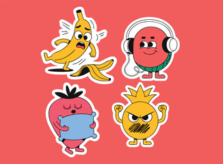 Fototapeta premium Fruit characters with different emotions strawberry pineapple emotions characters illustration