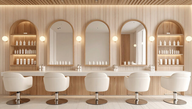 Salon Serenity: A row of elegant salon chairs faces arched mirrors, reflecting shelves stocked with beauty products, creating an atmosphere of serene indulgence and professional pampering.