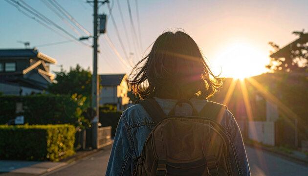 Sunrise Journey: A young woman with a backpack walks towards a radiant sunrise, embarking on a new day's adventure with a sense of anticipation and hope.