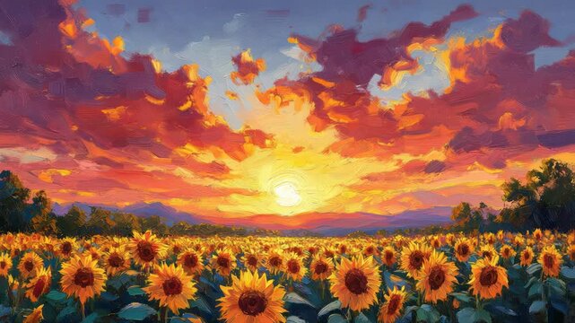 A vibrant painting of sunflowers under a dynamic sunset sky with fiery hues and brushstroke detail