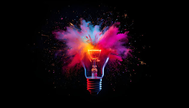 Light bulb exploding with colorful powder on black background