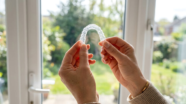 Person holding clear dental aligner