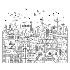 Obraz premium Whimsical urban cityscape line art illustration with roofs and birds