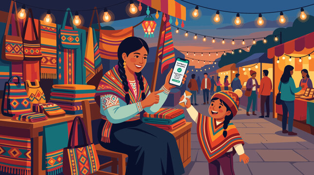 Andean Woman Using Mobile Payment at a Traditional Night Market